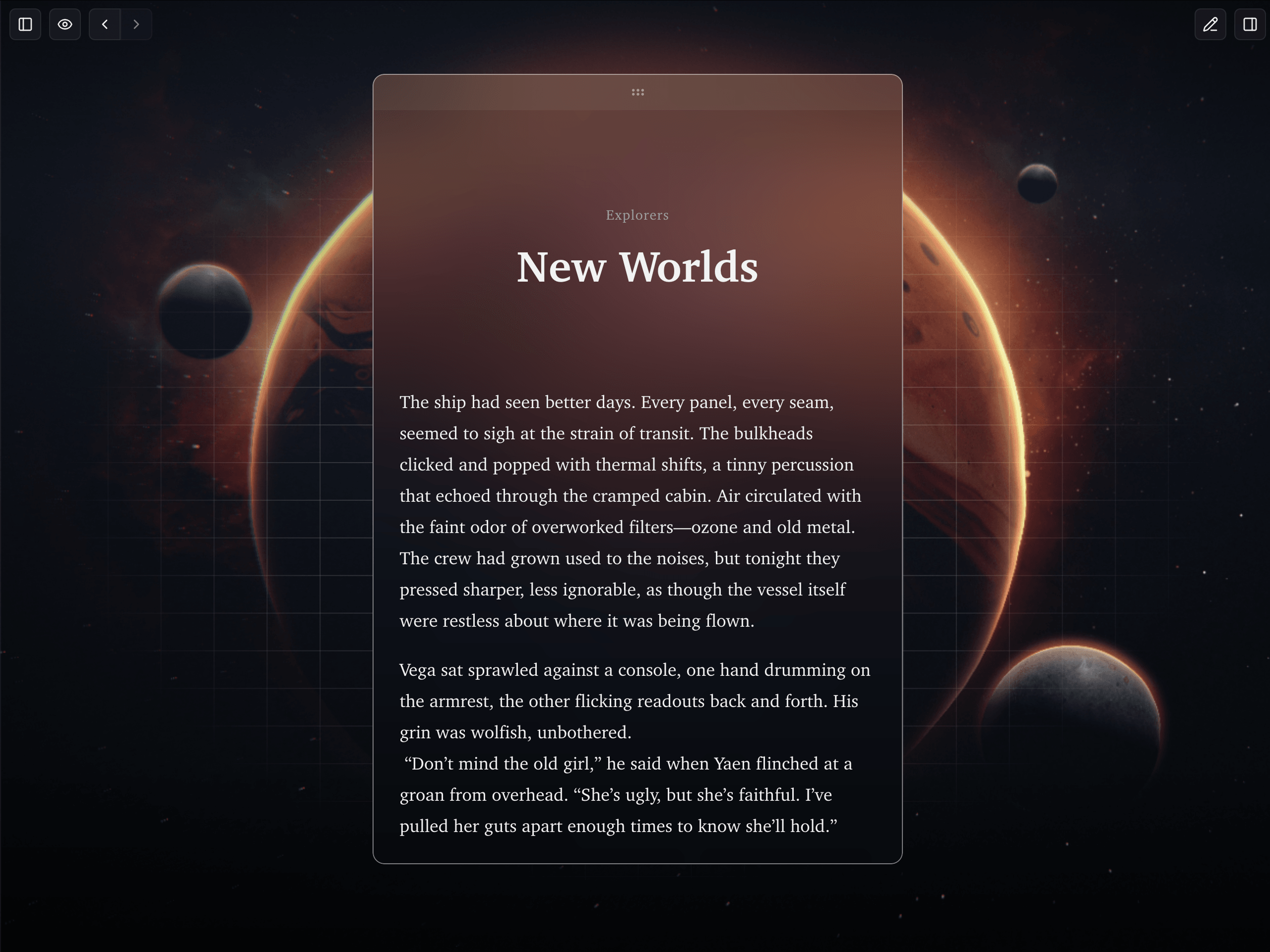 SceneWriter tool interface showing novel writing workspace
