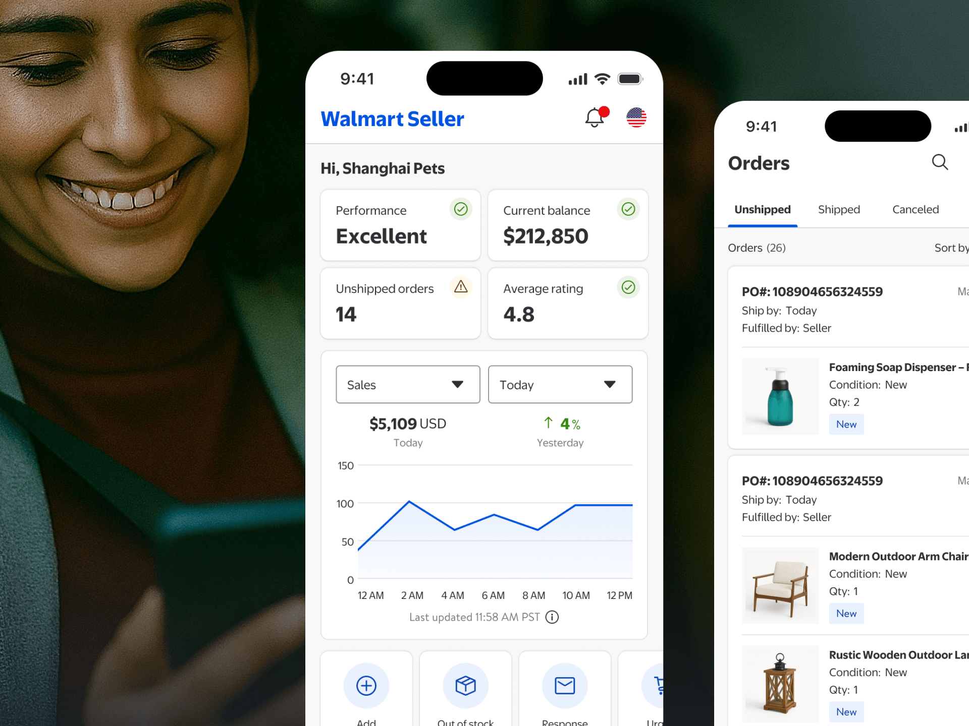 Walmart Seller app showing the seller dashboard with performance metrics and an orders management screen
